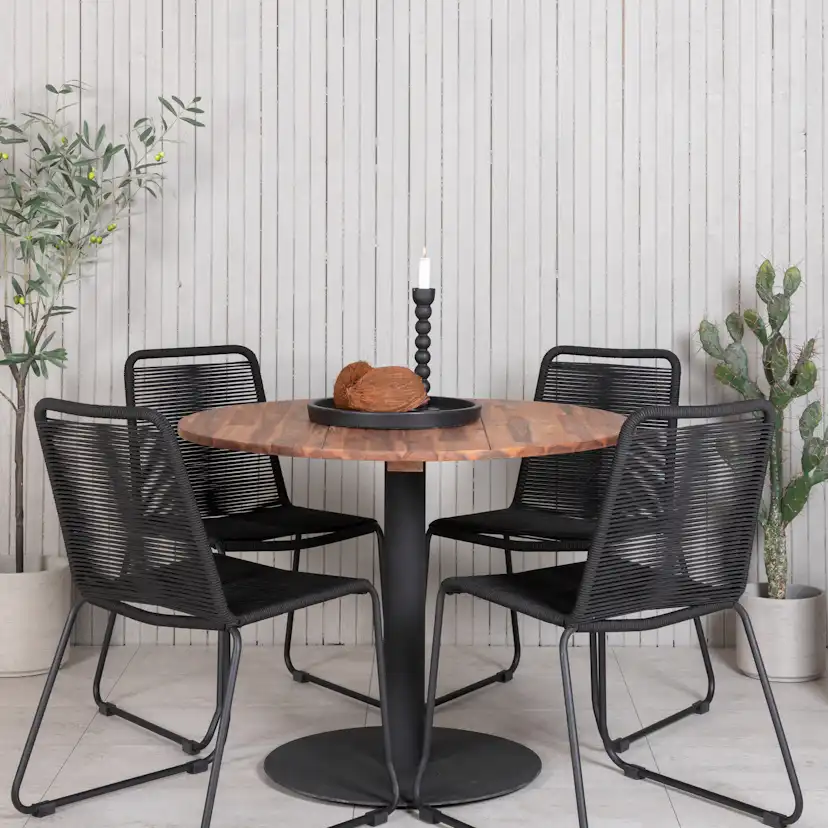 Cot Dining Table - Black steel / Acacia (teaklook) - ø100cm+ Svart