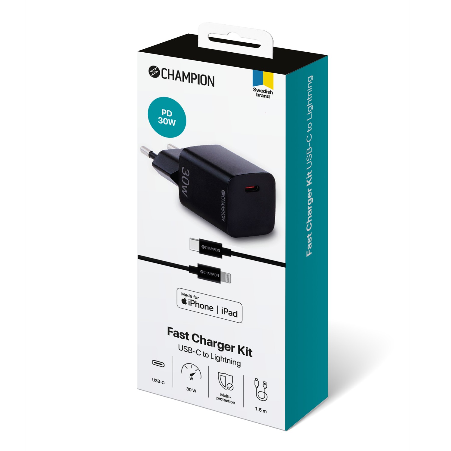 Laddare Champion 30W + USB-C till Lightning Kabel Svart