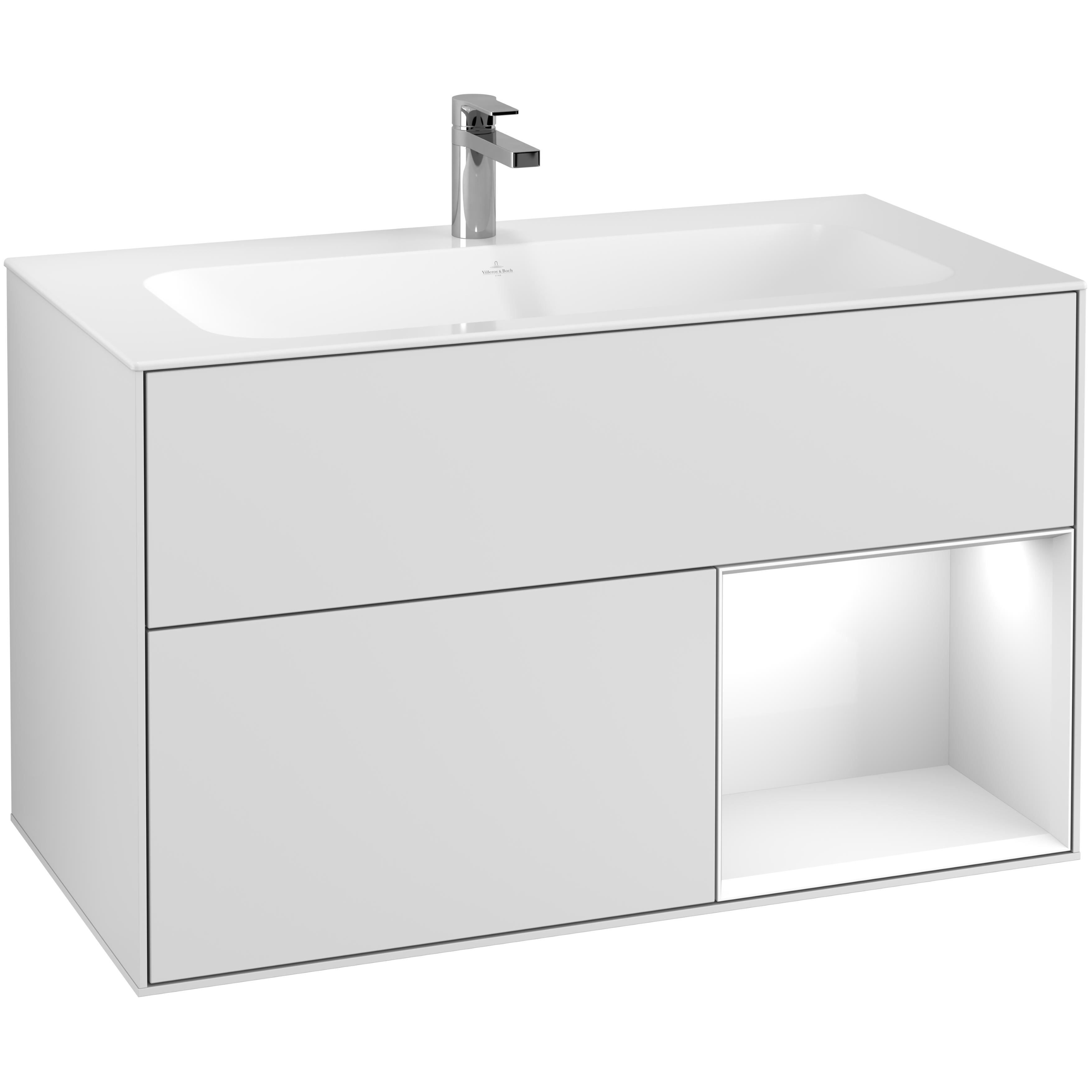 Tvättställsskåp Villeroy & Boch Finion G040GFMT Vit Mattlack/Vit Högblank med Väggbelysning, Lucka Höger