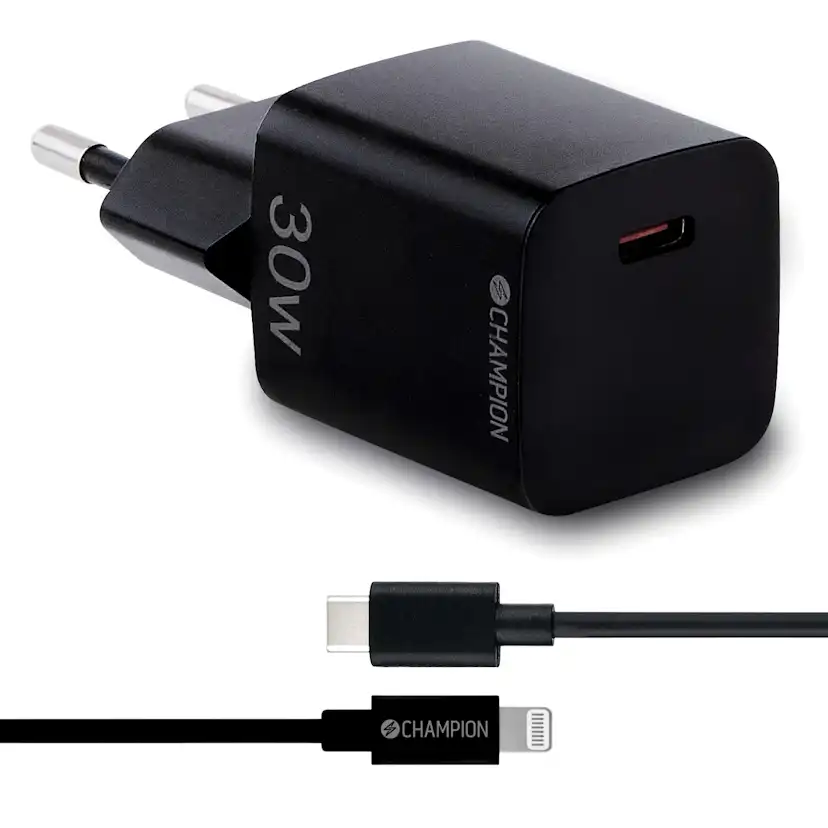 Laddare Champion 30W + USB-C till Lightning Kabel Svart