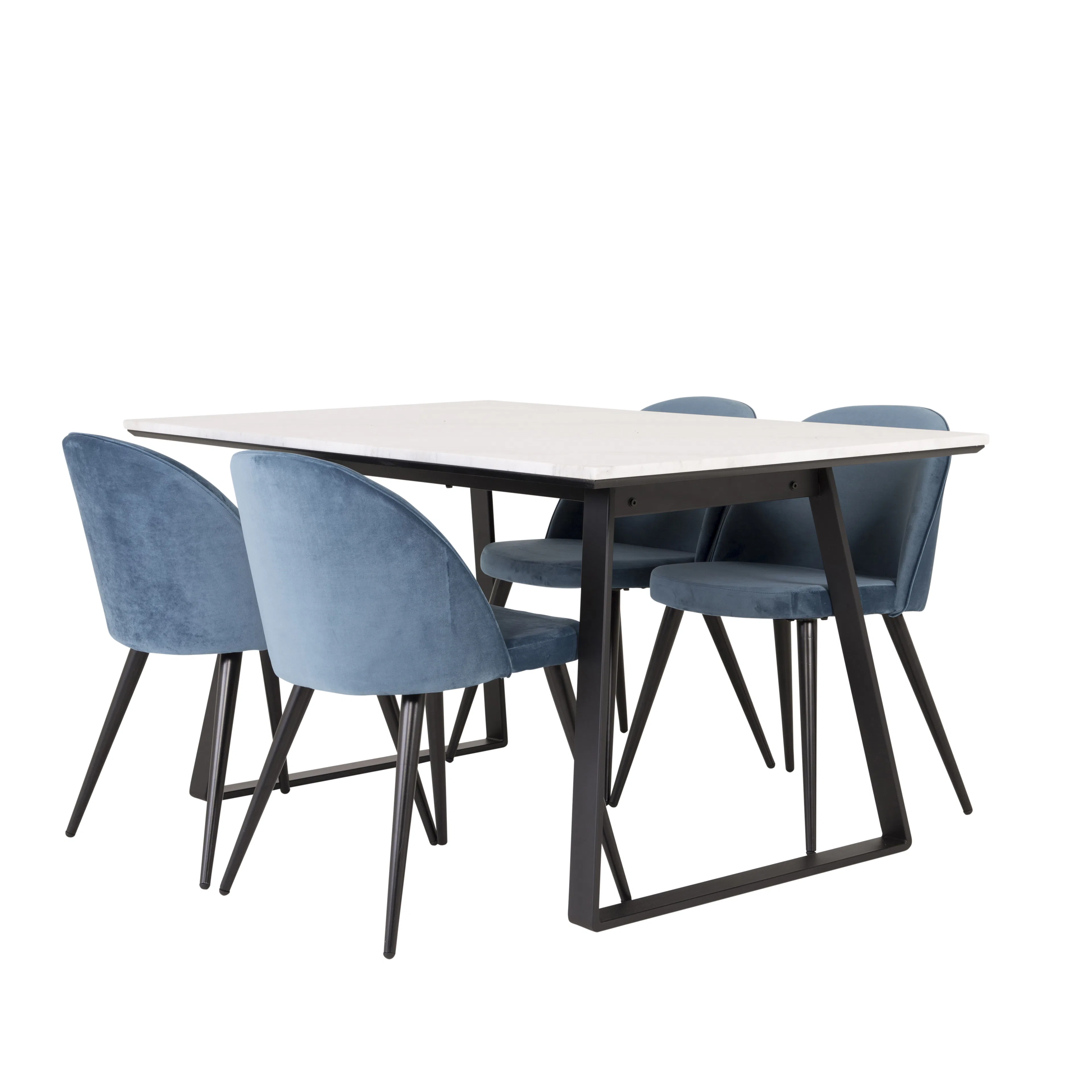 EstelleBord140*90-VitMarble/Black+Stol-Svart/BlåSammet4 Vit Bord med Svarta Ben, Blå Stol med Svarta Ben