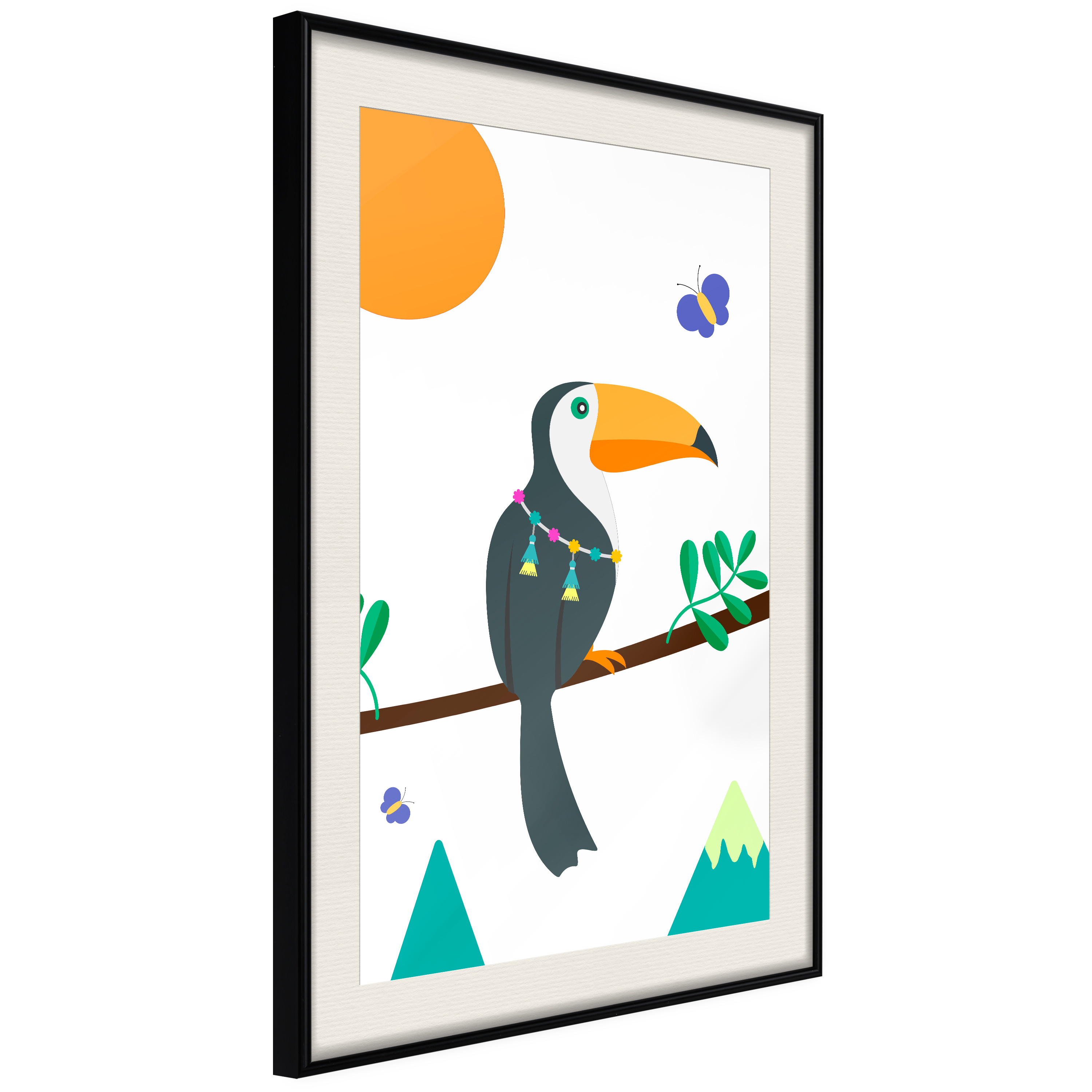 Affisch - Toucan And Butterflies [Poster] 30x45 Svart ram med passepartout, 30x45 cm