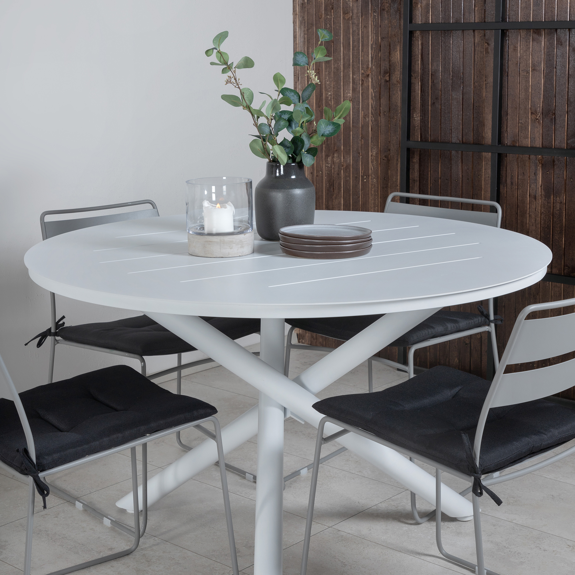 Alma Dining Table - White Alu - ø120cm+Lina Dining Chair - G Grå