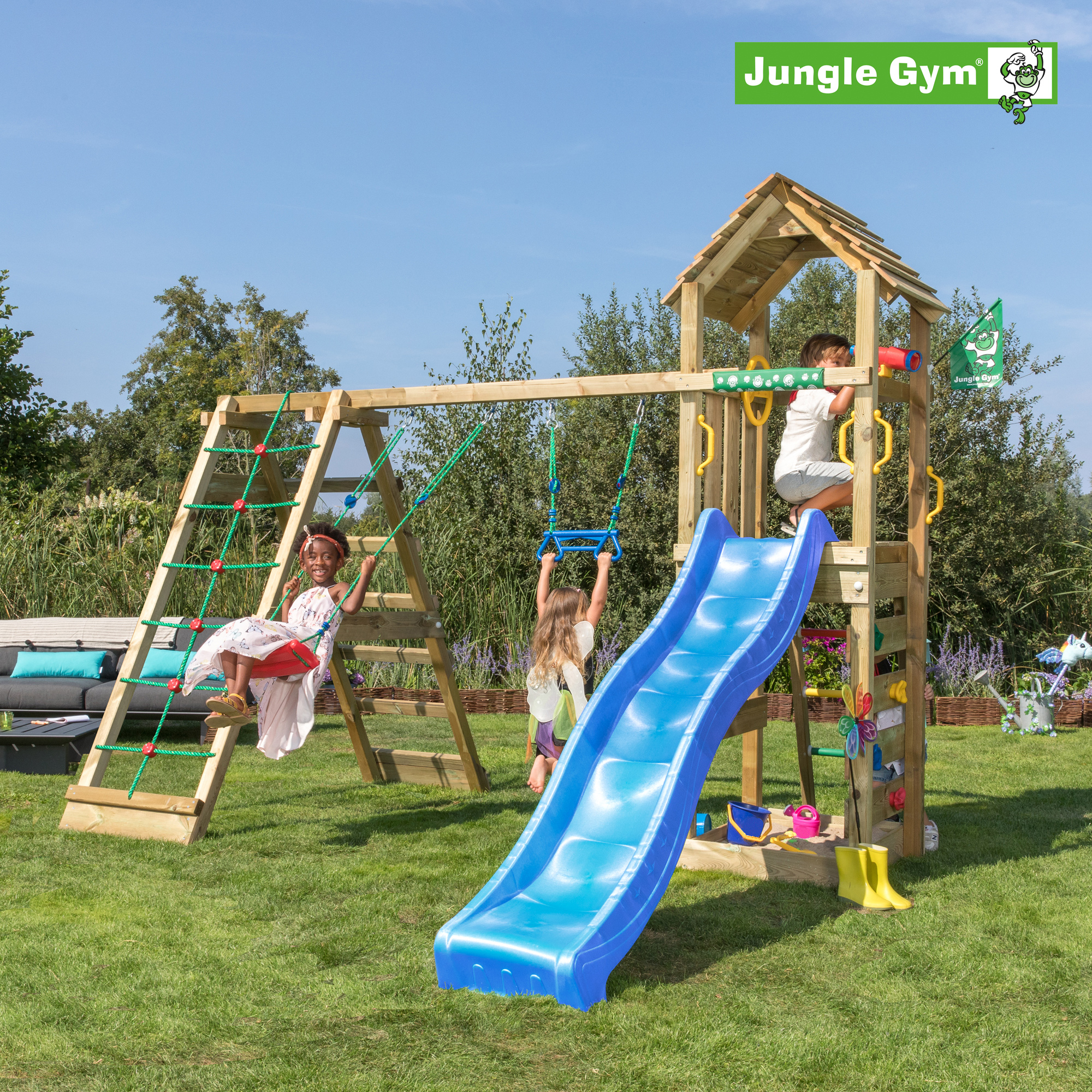 Jungle Gym Cocoon med klätterställning, 2 gungor och blå rut Blå