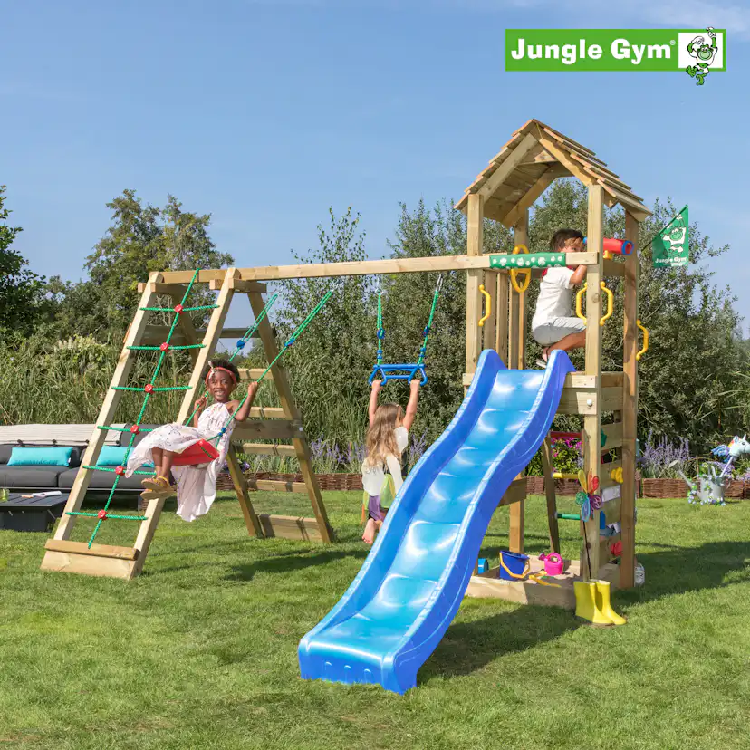 Jungle Gym Cocoon med klätterställning, 2 gungor och blå rut Blå
