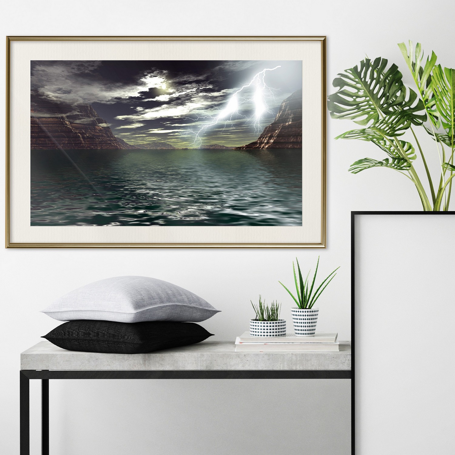 Affisch - Storm on the Lake [Poster] 45x30 Guld ram med passepartout, 45x30 cm