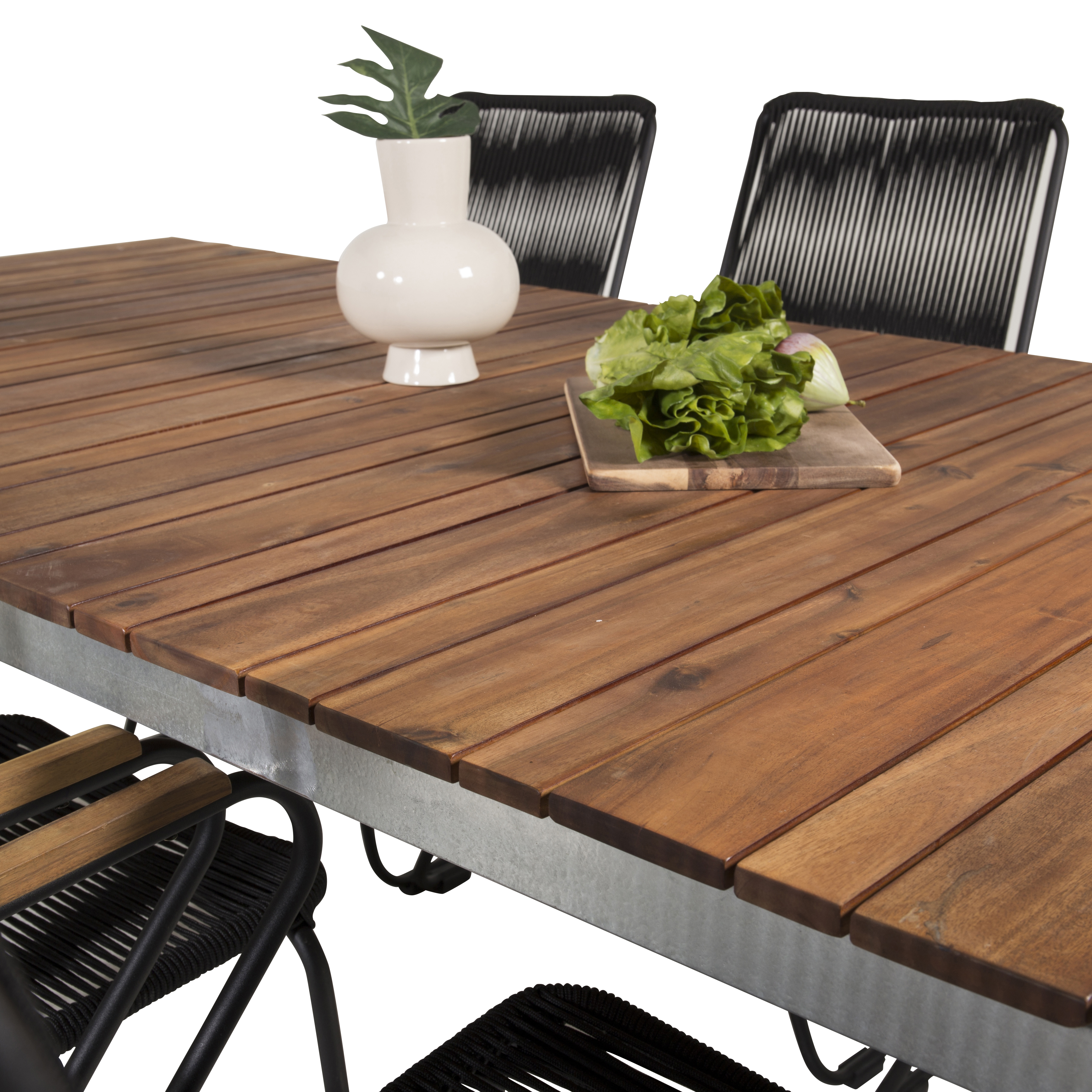 Zenia Bord200*100-Acacia/Zink+Bois stol-svartt rep/Acacia6 Akacia Bord med Zinkbehandlad Stomme, Svart Stol med Svart Stomme