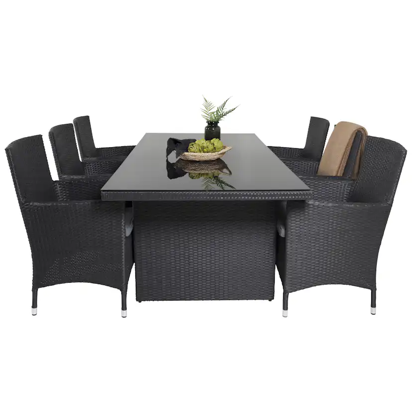 Padova Bord 200*100-Svart+Malinstol med dyba-Svart/Grå dyba6 Svart Bord, Svart Stol med Grå Dyna