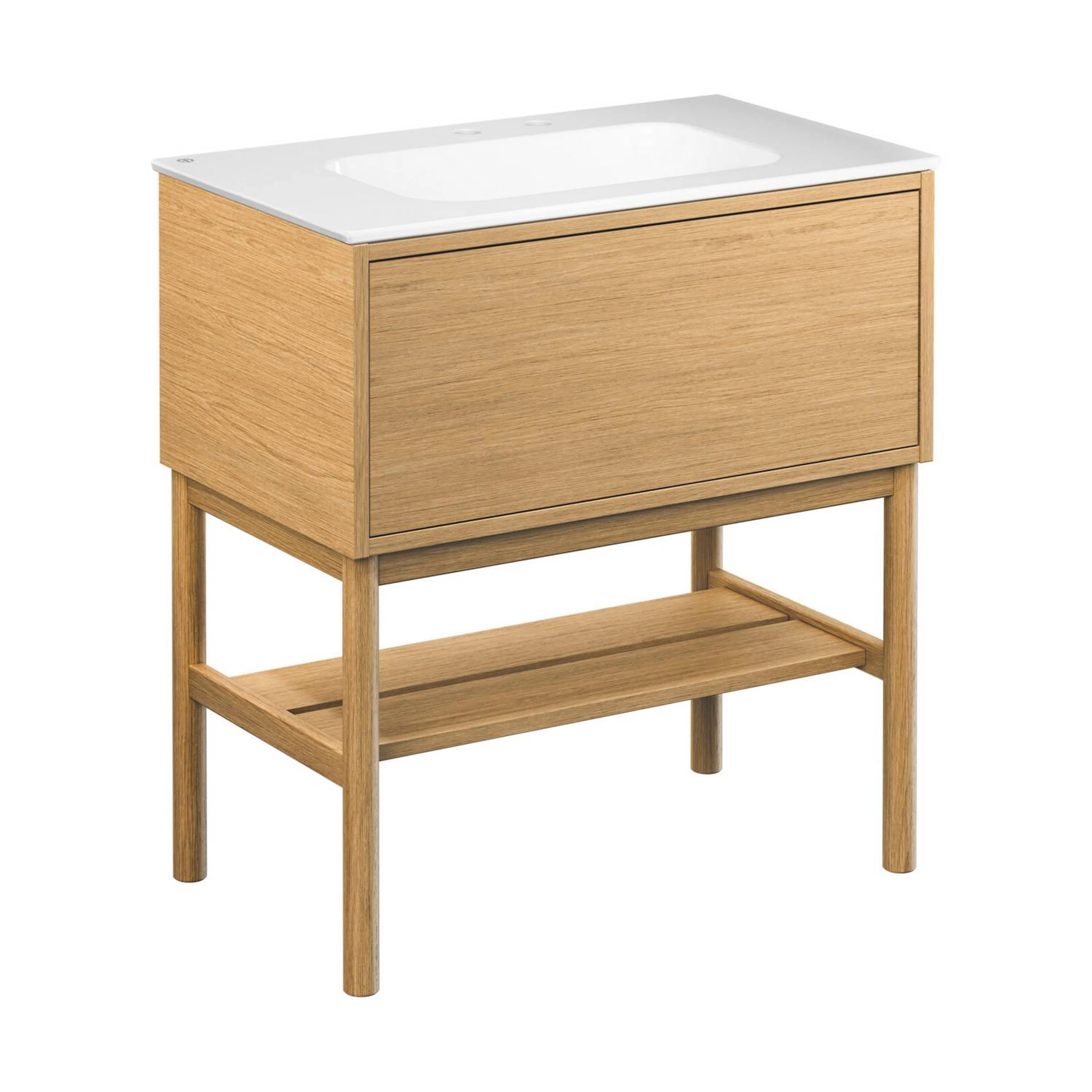 Kommod Ducentic Ljus ek - 80 cm. Porslinstvättställ, Vit, fö Ljus Ek, Hål för 1 st Dubbelhålsblandare