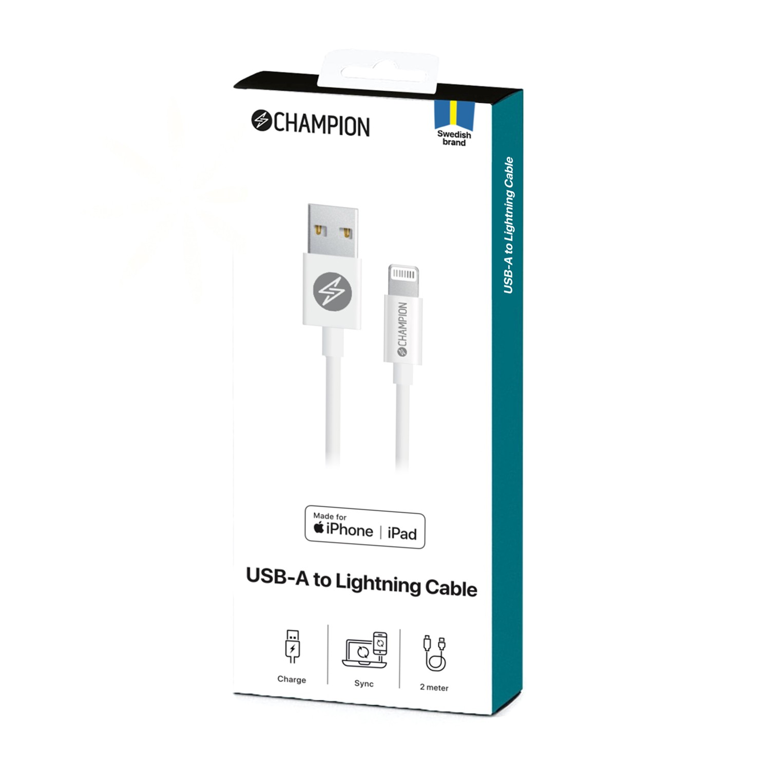 USB-A Champion till Lightning Kabel 2m Vit