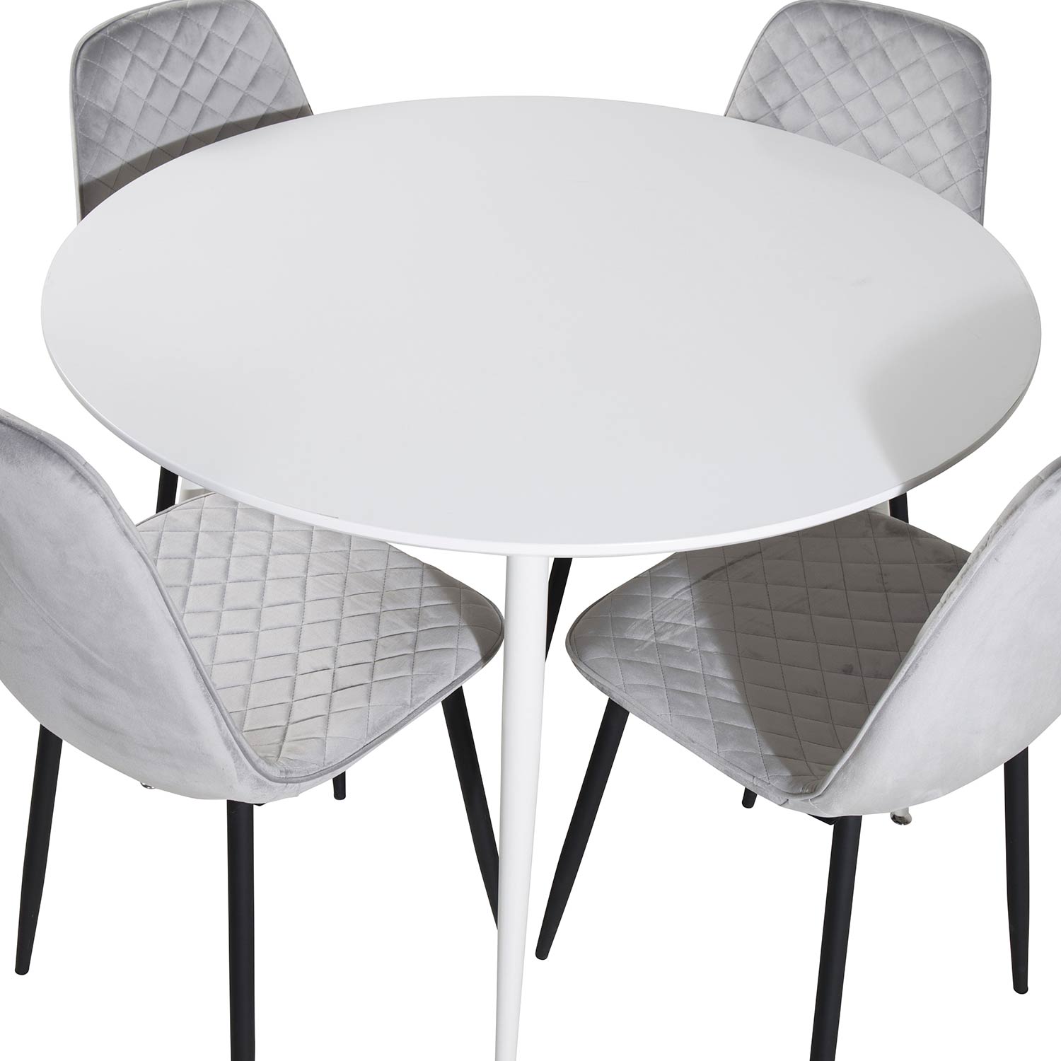 Plaza Round Table-White top/Polar Diamond Chair-gråVelvet_4 Vit/Grå/Svart