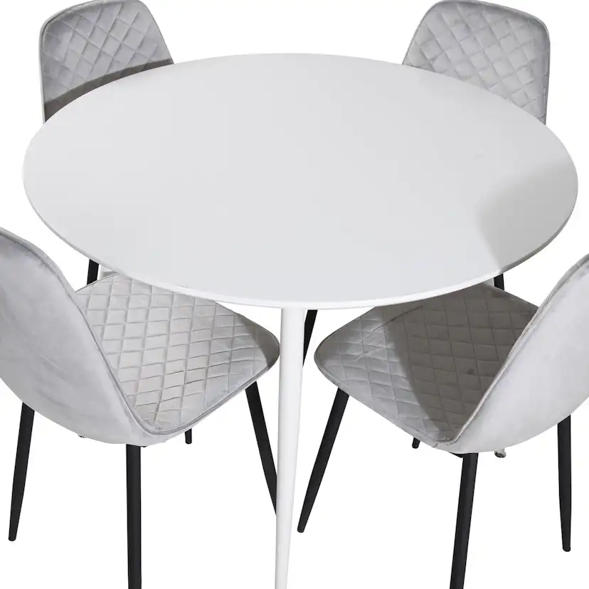 Plaza Round Table-White top/Polar Diamond Chair-gråVelvet_4 Vit/Grå/Svart