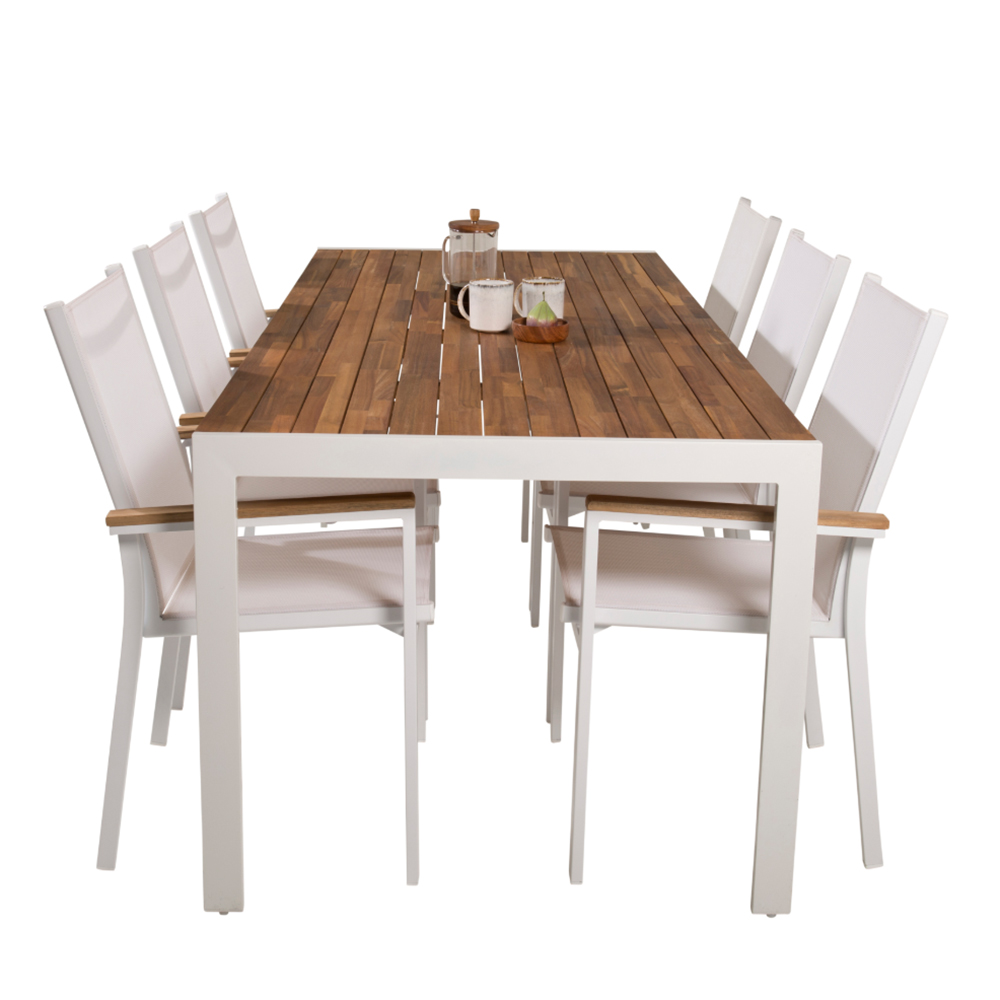 Bois Bord200*100cm-vit/Acacia+Texas stol-vit/Teak6 Akacia/Vit
