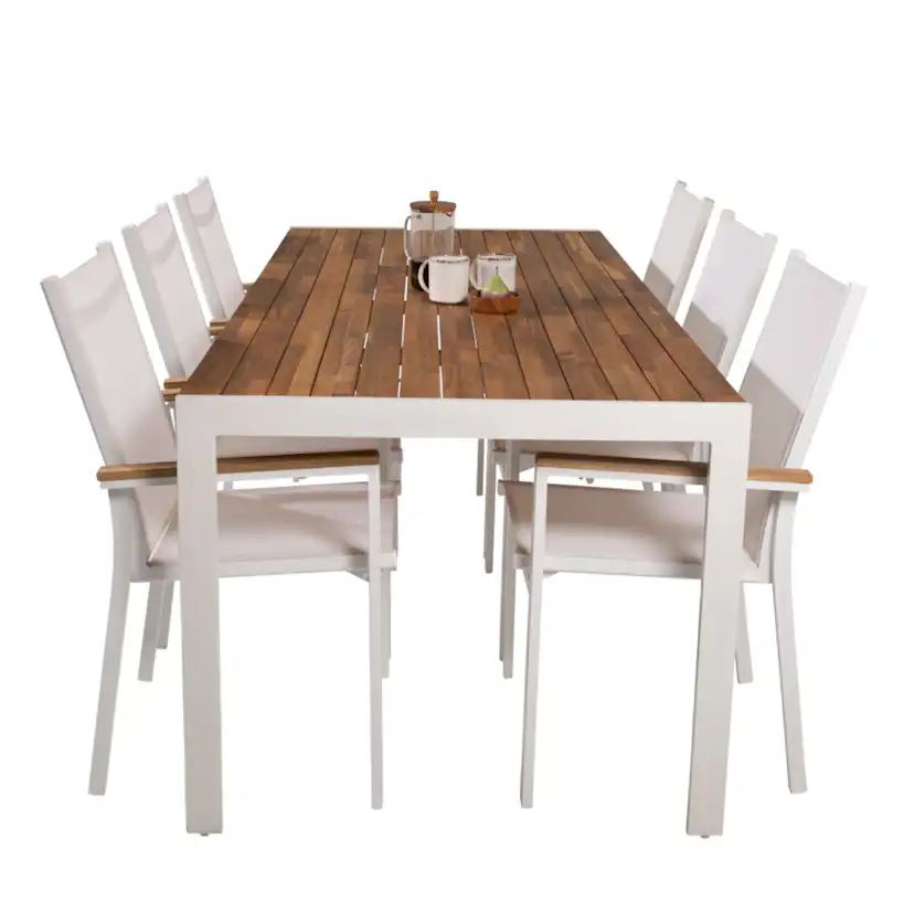Bois Bord200*100cm-vit/Acacia+Texas stol-vit/Teak6 Akacia/Vit