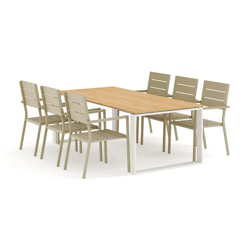 Trädgårdsgrupp Comfort Garden Devon utomhus matgrupp 210x100 cm med 6 Tunis stapelstolar