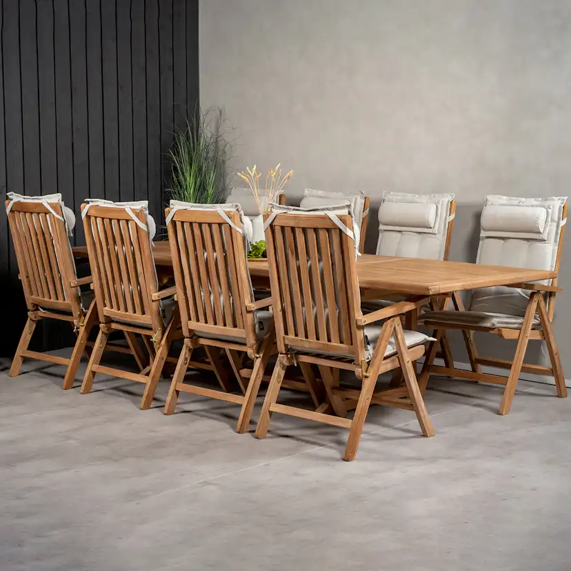 Matgrupp Venture Home Kenya 195-295x110 Teak med 8 Kenya Positionsfåtöljer