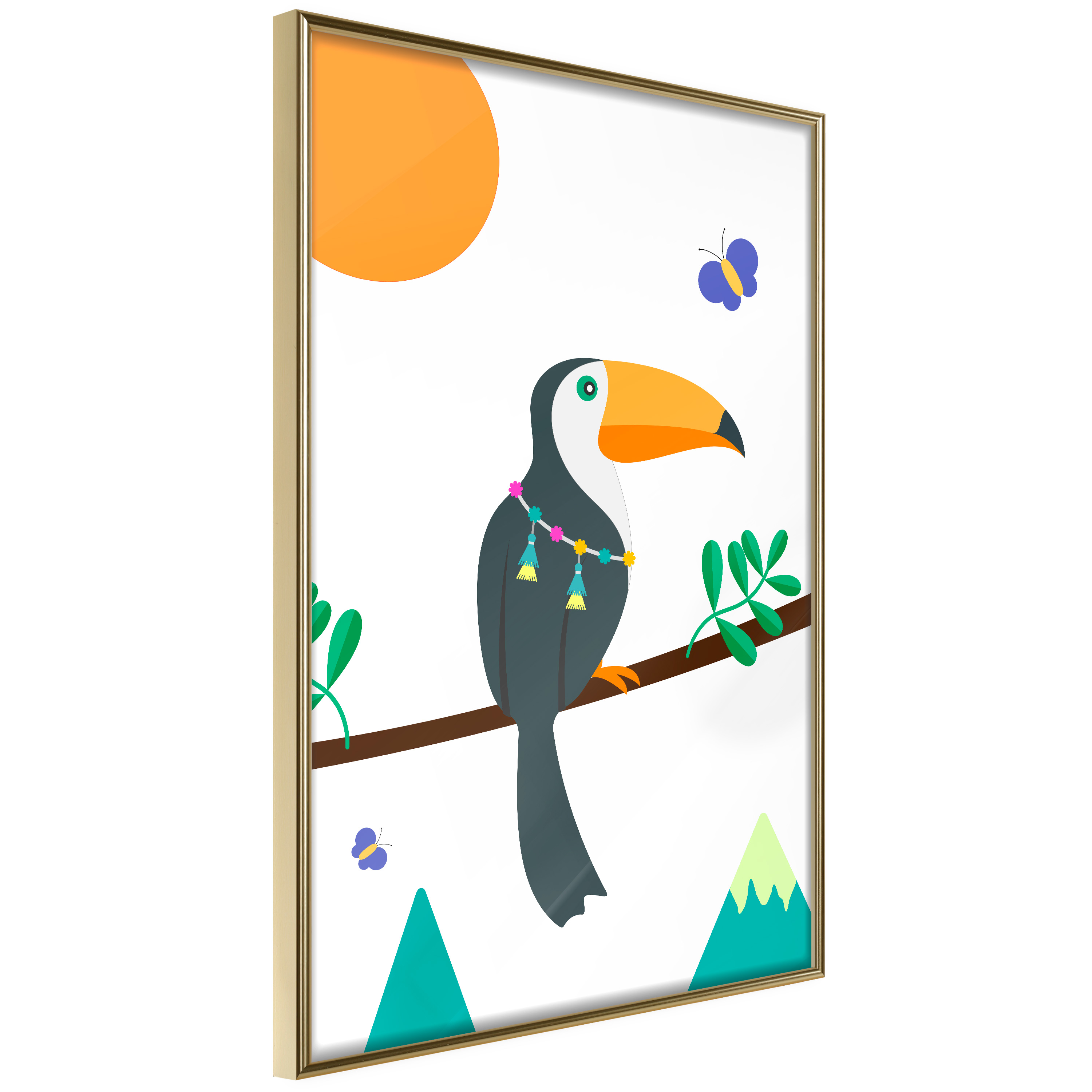 Affisch - Toucan And Butterflies [Poster] 40x60 Guld ram, 40x60 cm