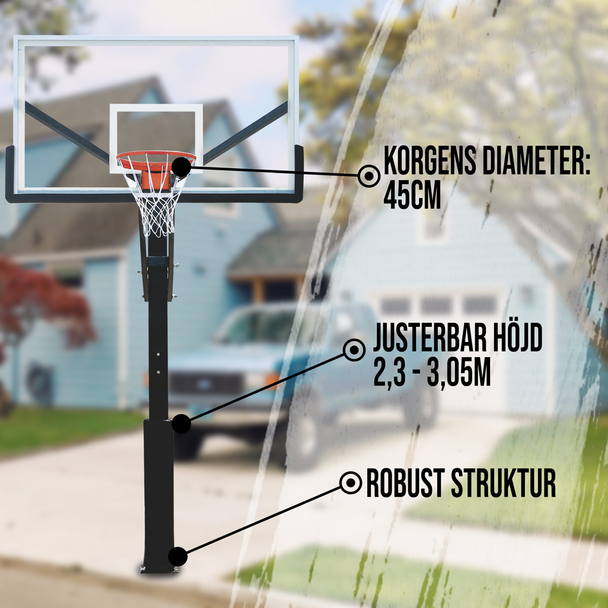 Basketställning ProSport In-Ground med Justerbar Basketkorg, 2,3-3,05m