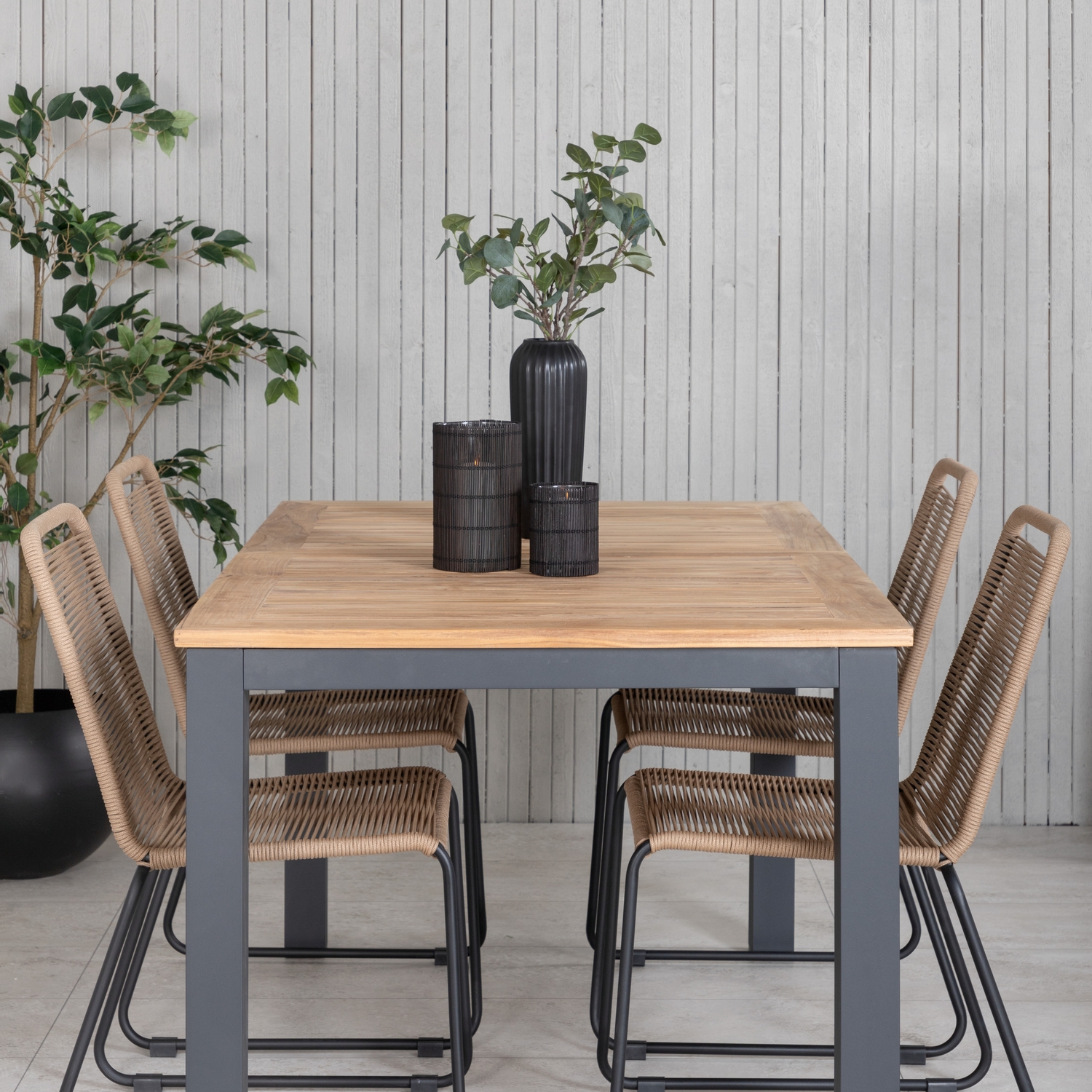 Panama Table 152/210 - Black/Teak+Lindos Stacking Chair - Bl Latte