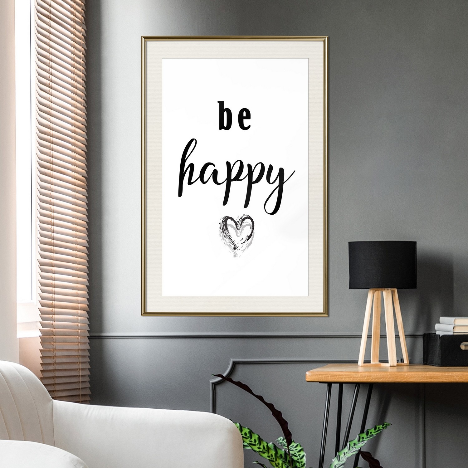 Affisch - Be Happy [Poster] 20x30 Guld ram med passepartout, 20x30 cm