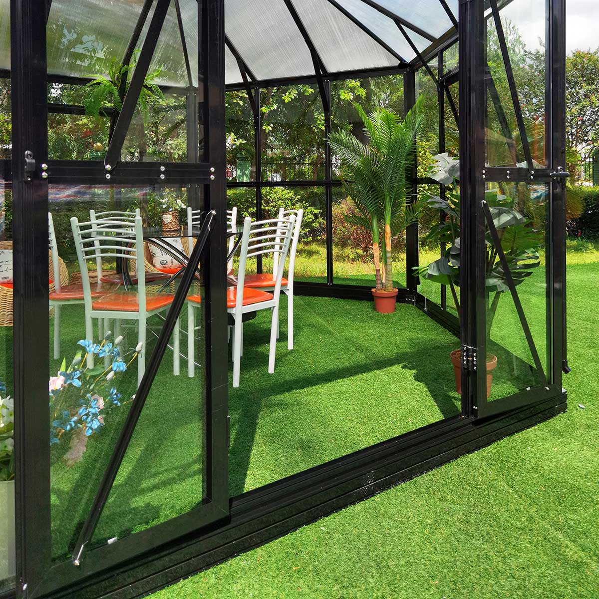 Växthus/Orangeri Metalcraft Hexagon Svart Aluminiumstomme med UV-Skyddat & Härdat Säkerhetsglas, 12,6 m²