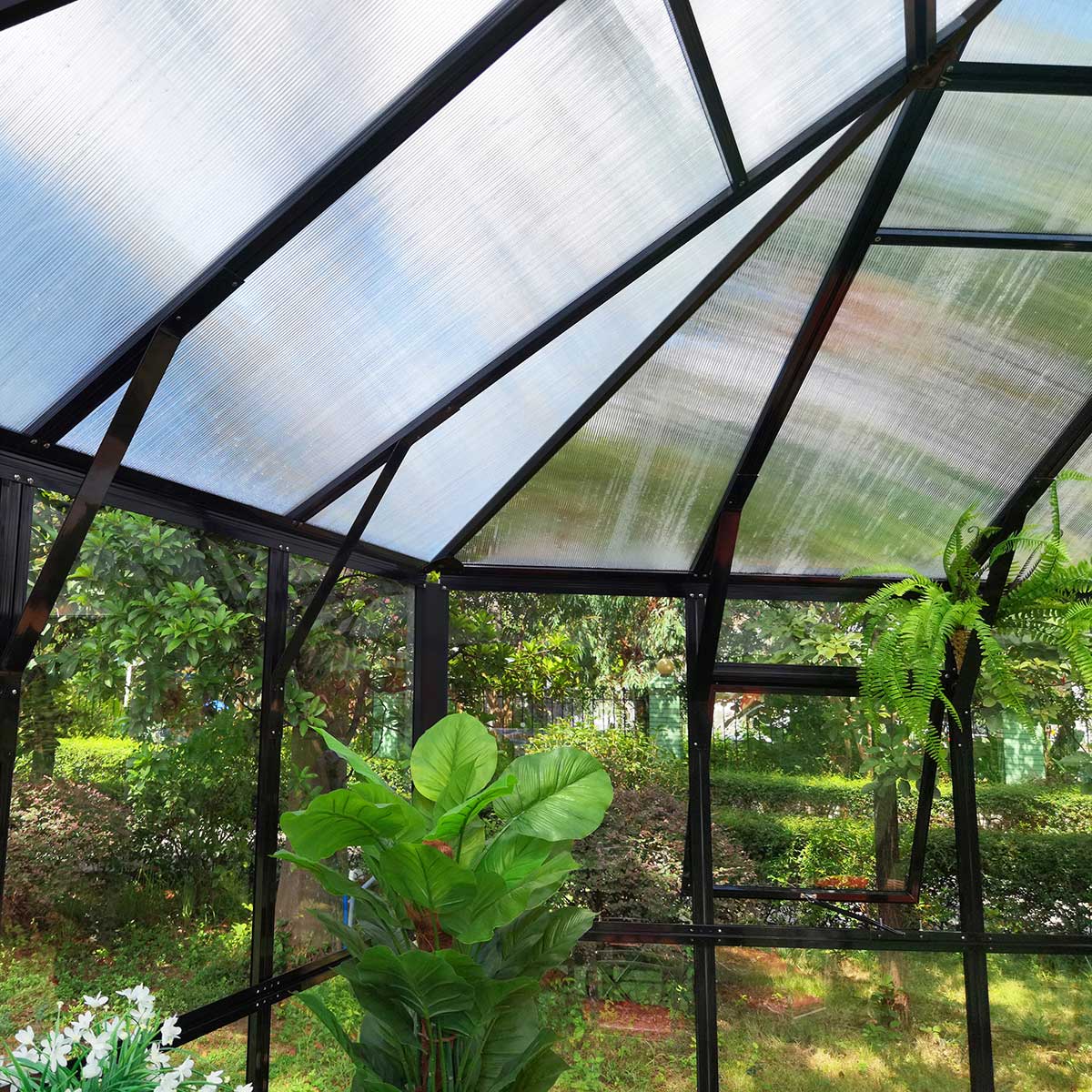 Växthus/Orangeri Metalcraft Hexagon Svart Aluminiumstomme med UV-Skyddat & Härdat Säkerhetsglas, 12,6 m²