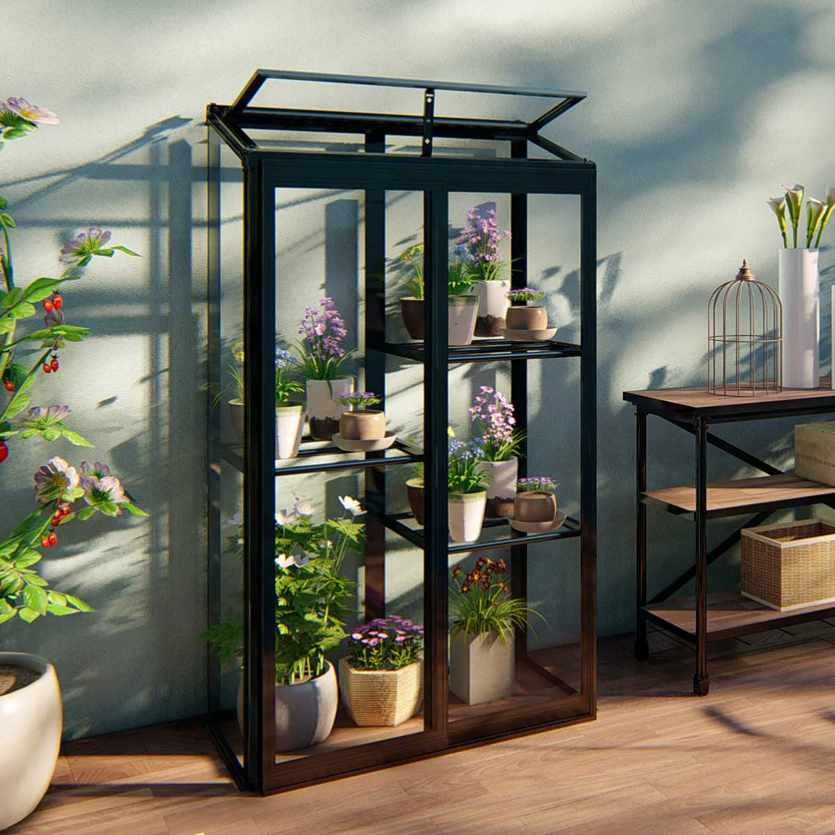 Växthus Metalcraft Svart Rektangulär Odlingsvitrin mot Vägg med Säkerhetsglas, 91x51x157 cm