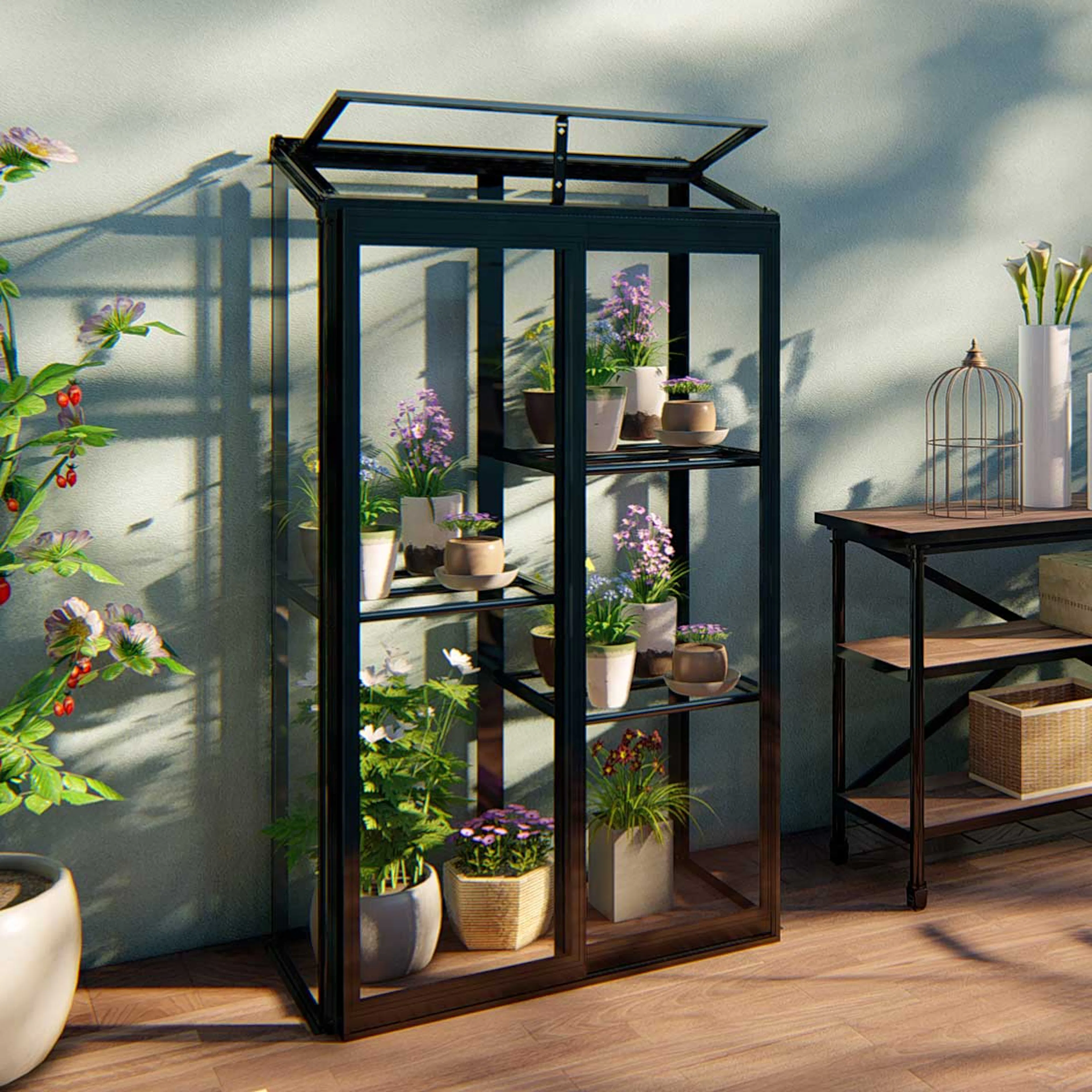 Växthus Metalcraft Svart Rektangulär Odlingsvitrin mot Vägg med Säkerhetsglas, 91x51x157 cm