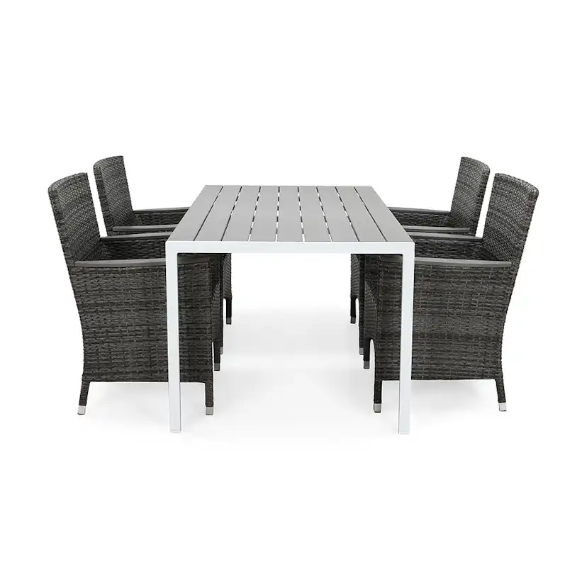 Matgrupp Utomhus deNoord Tunis 150x90 cm med 4 Thor Utefåtöljer Lyx med Armstöd