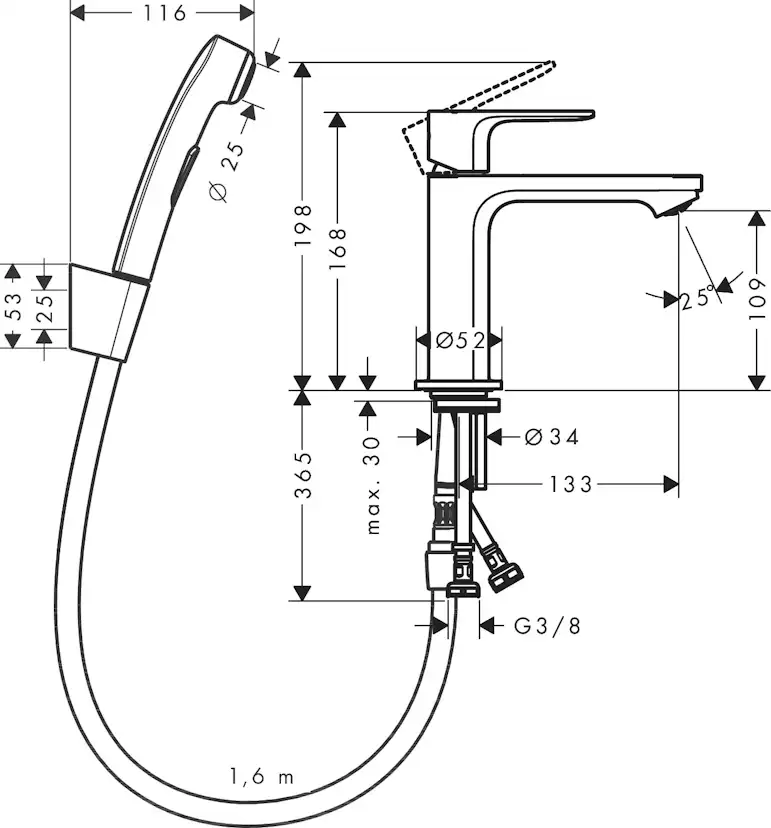 Tvättställsblandare Rebris E 1-grepps 110 med Handdusch och Duschslang 160 cm utan Bottenventil