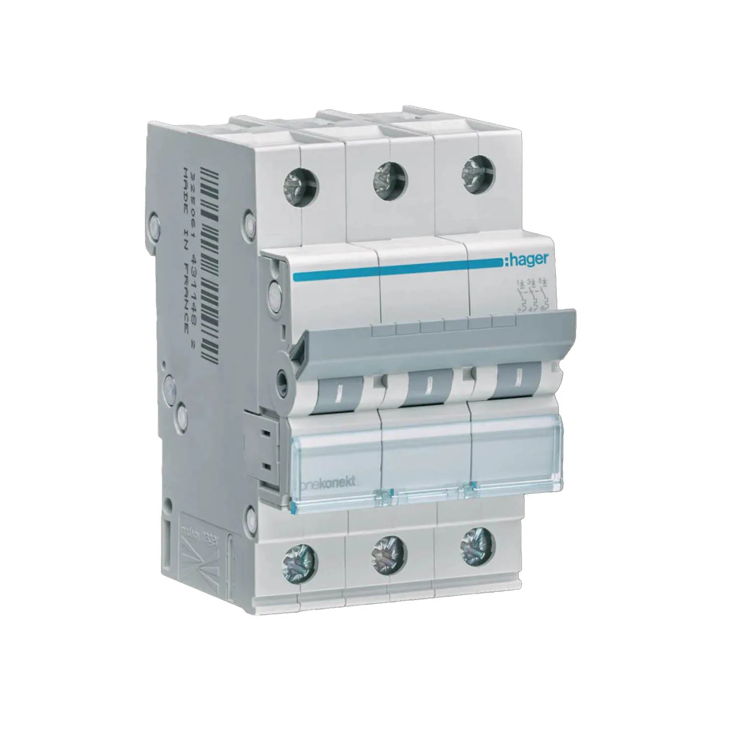 Dvärgbrytare Hager Skruvanslutning 3-polig med C-karakteristik Brytförmåga 6 kA