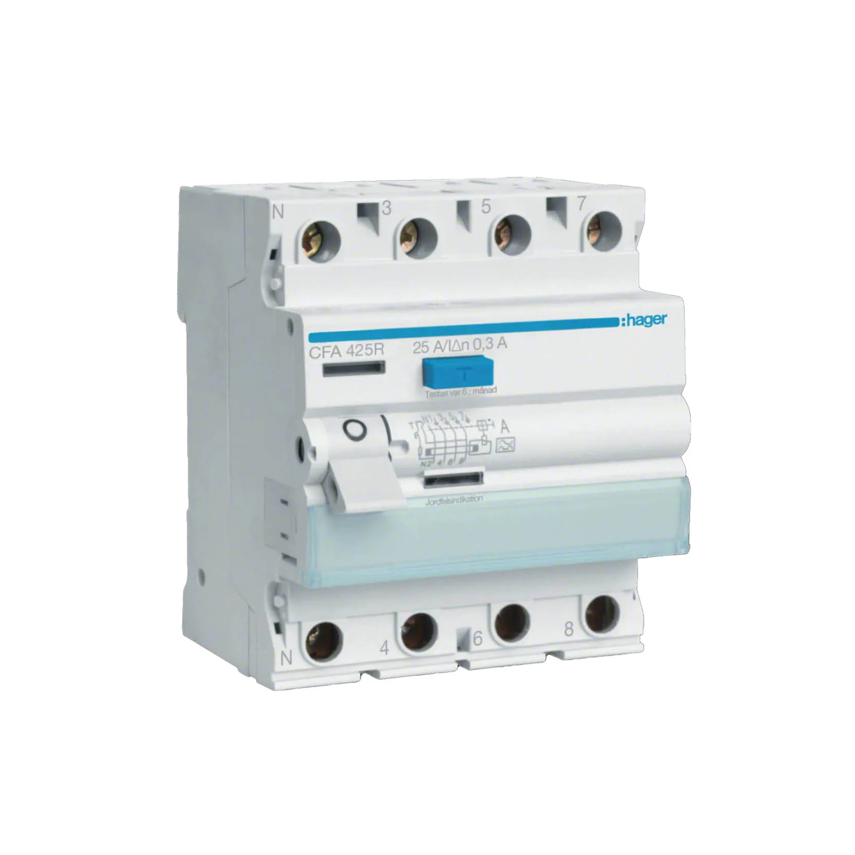 Jordfelsbrytare Hager 4-polig Typ A 6 kA 300 mA Felström