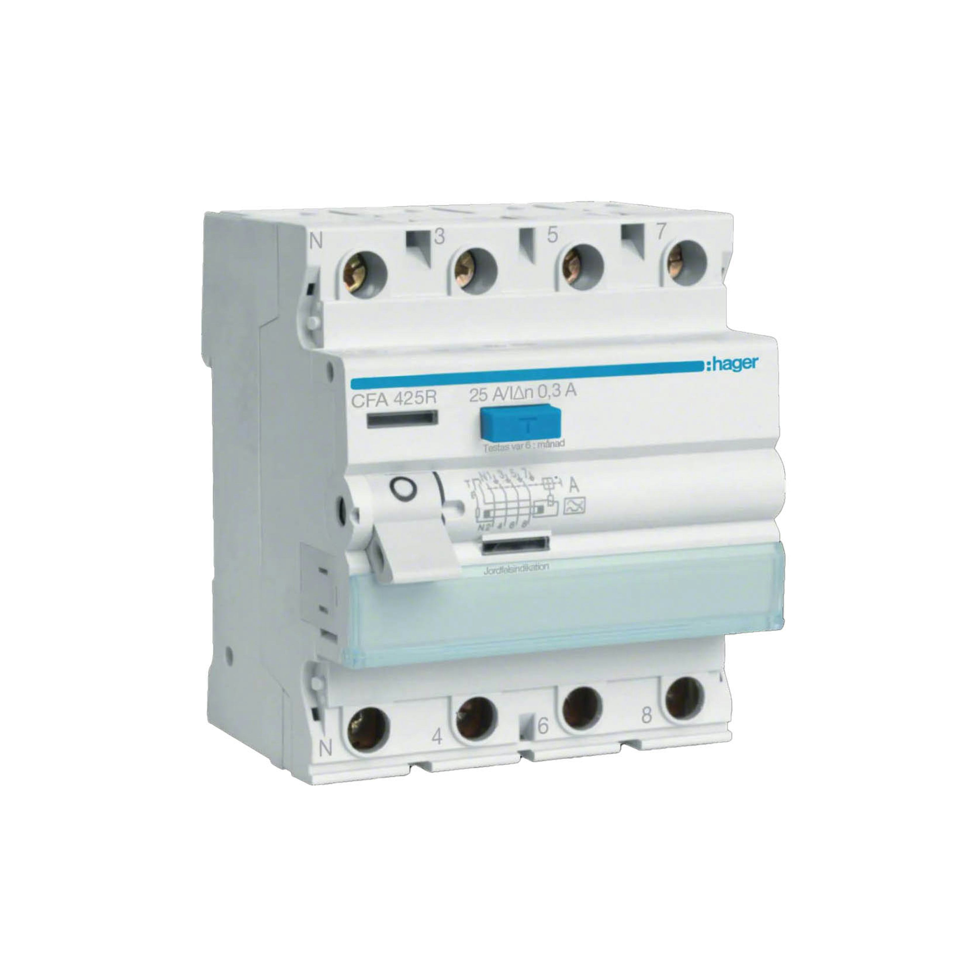 Jordfelsbrytare Hager 4-polig Typ A 6 kA 300 mA Felström