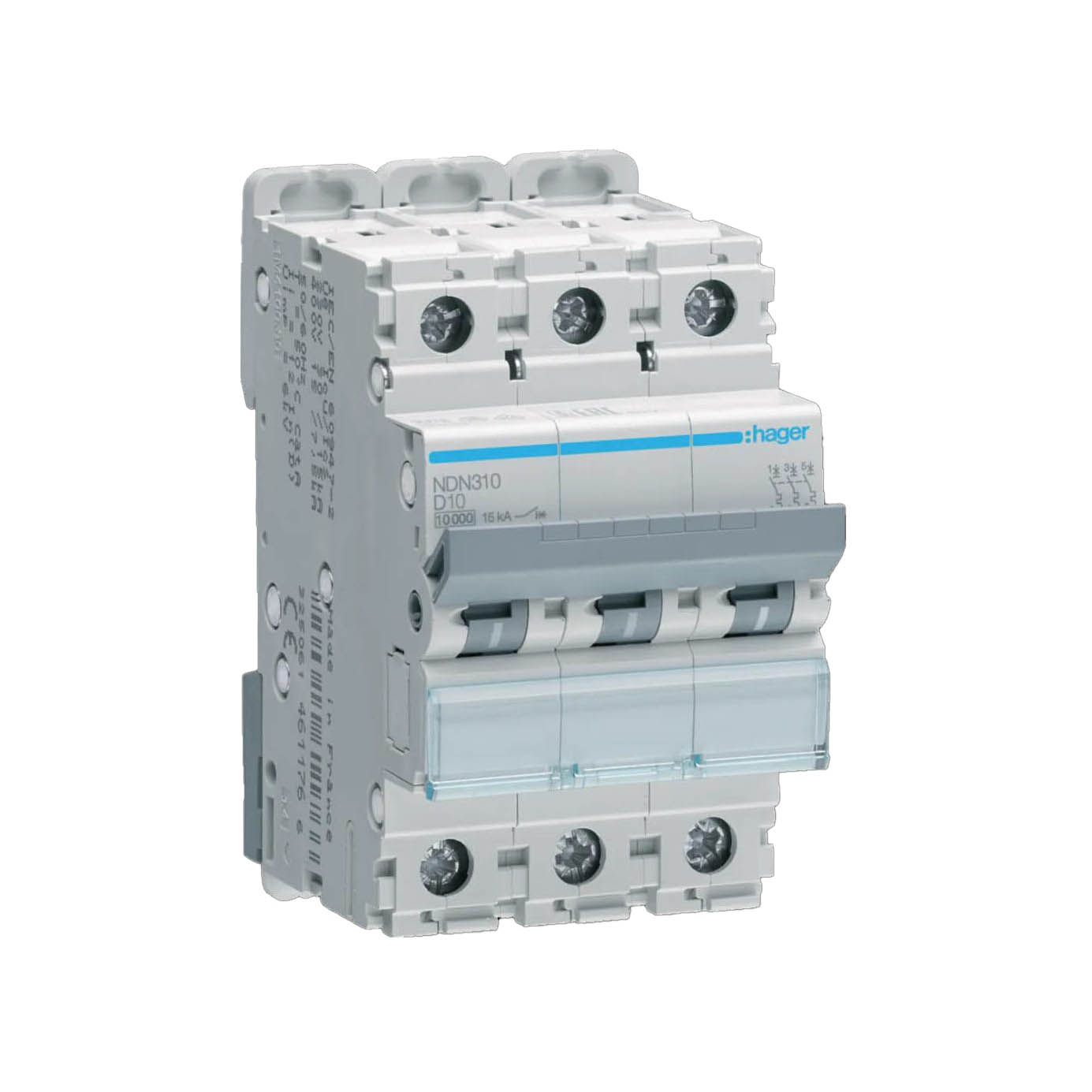 Dvärgbrytare Hager 3-polig med D-karakteristik Brytförmåga 10 kA