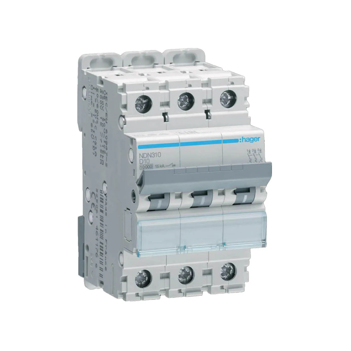 Dvärgbrytare Hager 3-polig med D-karakteristik Brytförmåga 10 kA