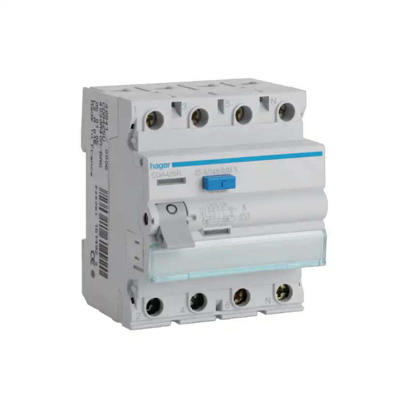 Jordfelsbrytare Hager 4-polig Typ A 6 kA 30 mA Felström med C-karakteristik