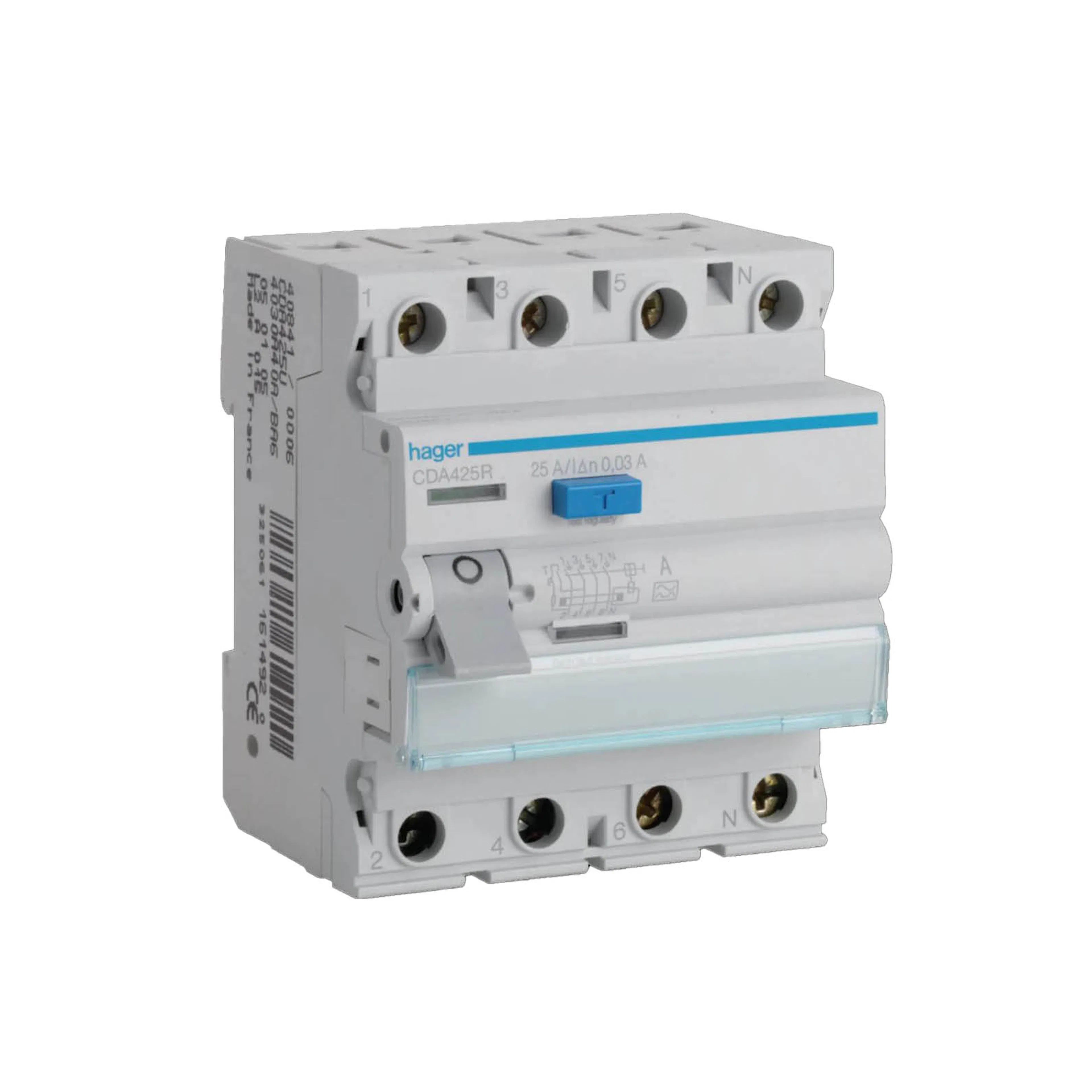 Jordfelsbrytare Hager 4-polig Typ A 6 kA 30 mA Felström med C-karakteristik
