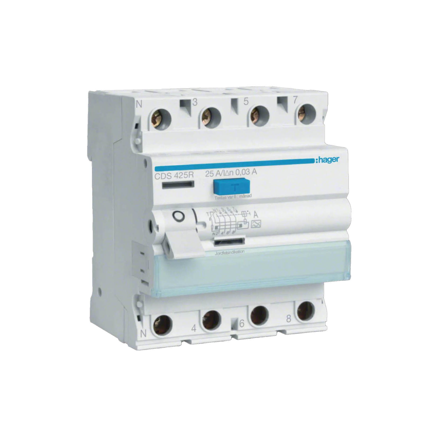 Jordfelsbrytare Hager 4-polig Typ A 6 kA 30 mA Felström med C-karakteristik