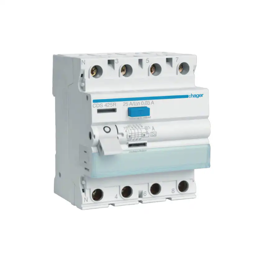 Jordfelsbrytare Hager 4-polig Typ A 6 kA 30 mA Felström med C-karakteristik