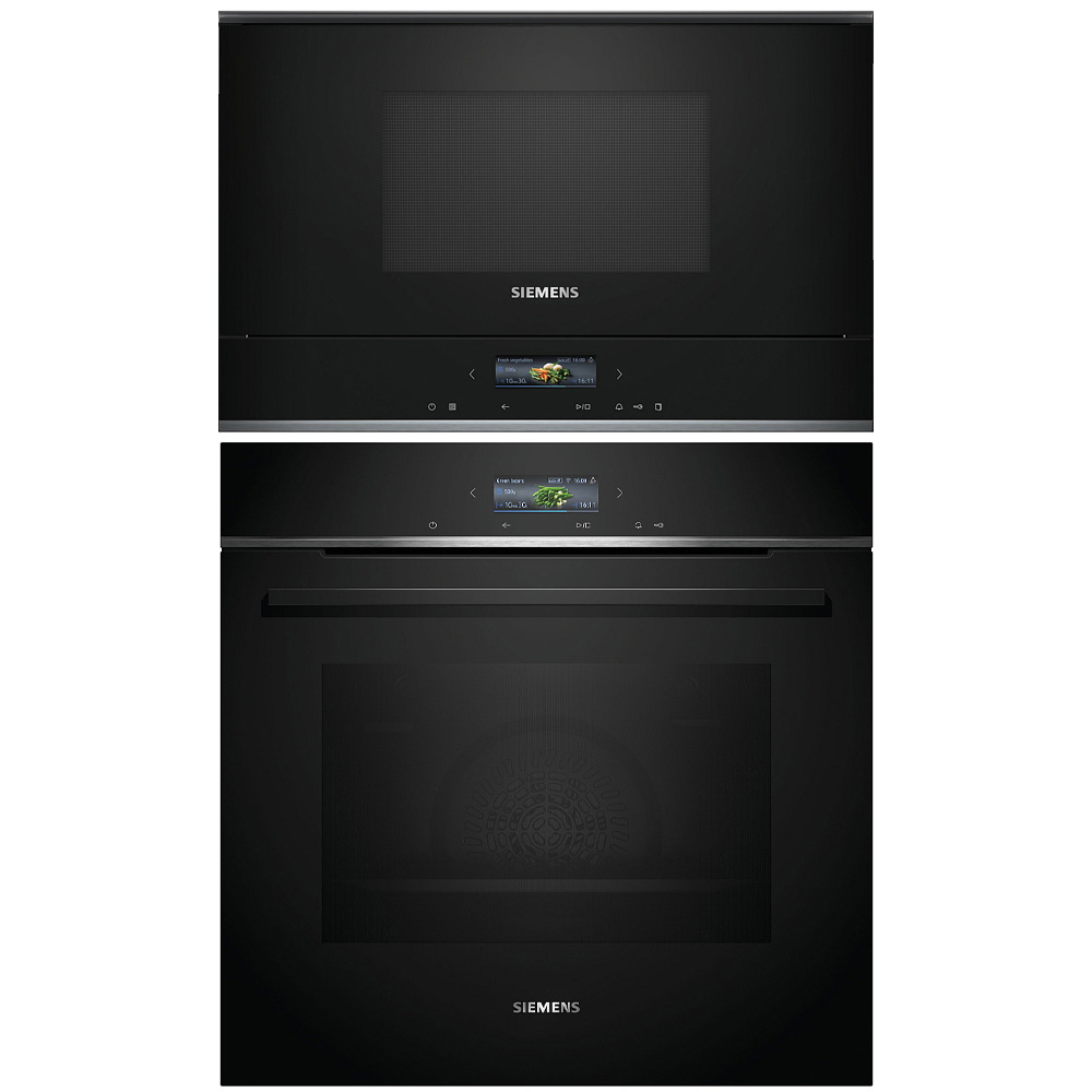 Ugn och Mikro Siemens iQ700 HB772A1B1 + BF722L1B1 Med Pyrolys och TouchControl Svart