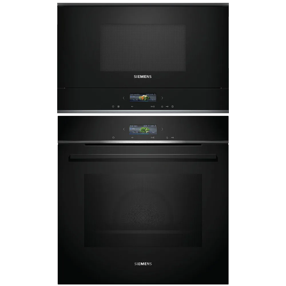 Ugn och Mikro Siemens iQ700 HB772A1B1 + BF722L1B1 Med Pyrolys och TouchControl Svart