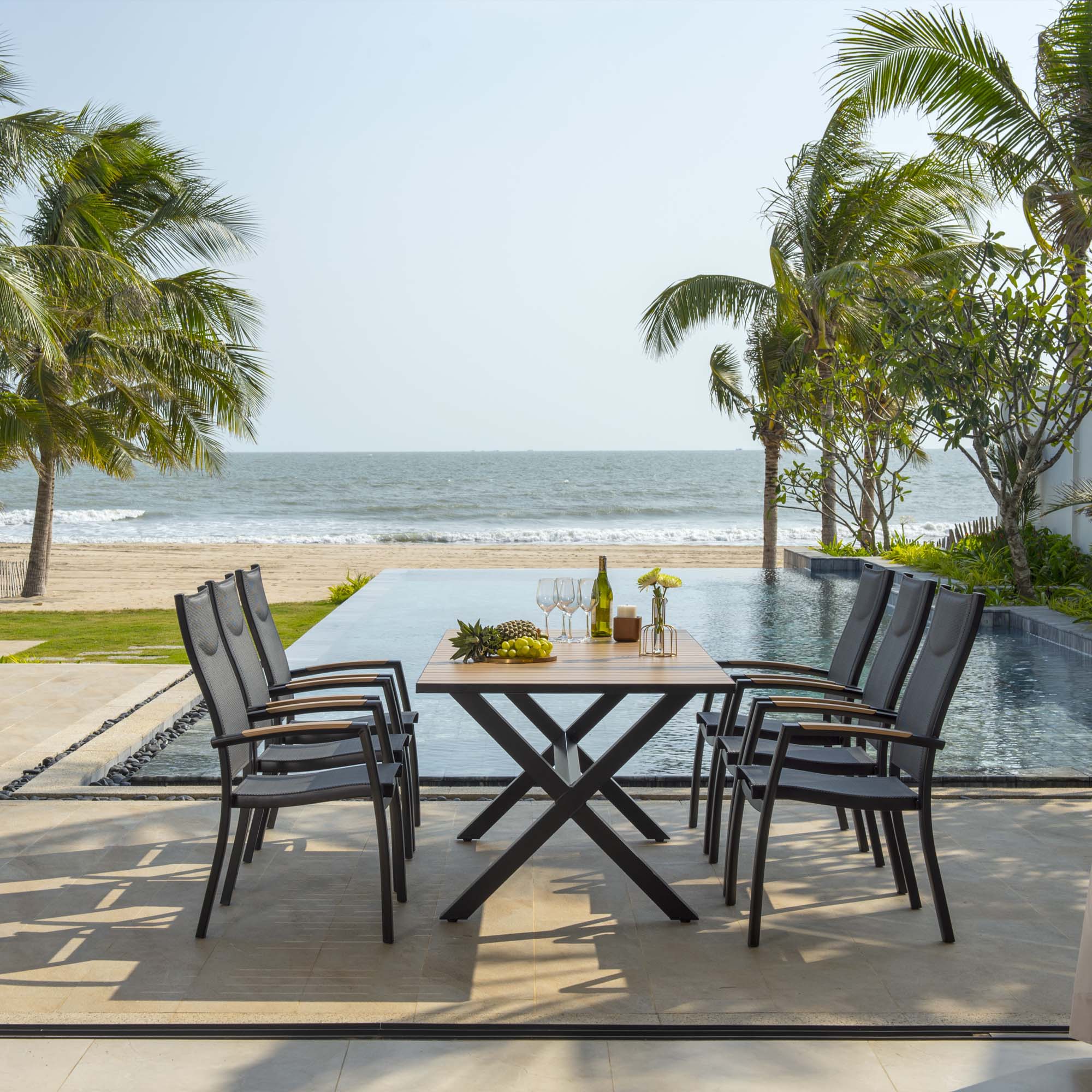 Matgrupp Utomhus LifestyleGarden Panama 200 cm 6 stapelbara karmstolar