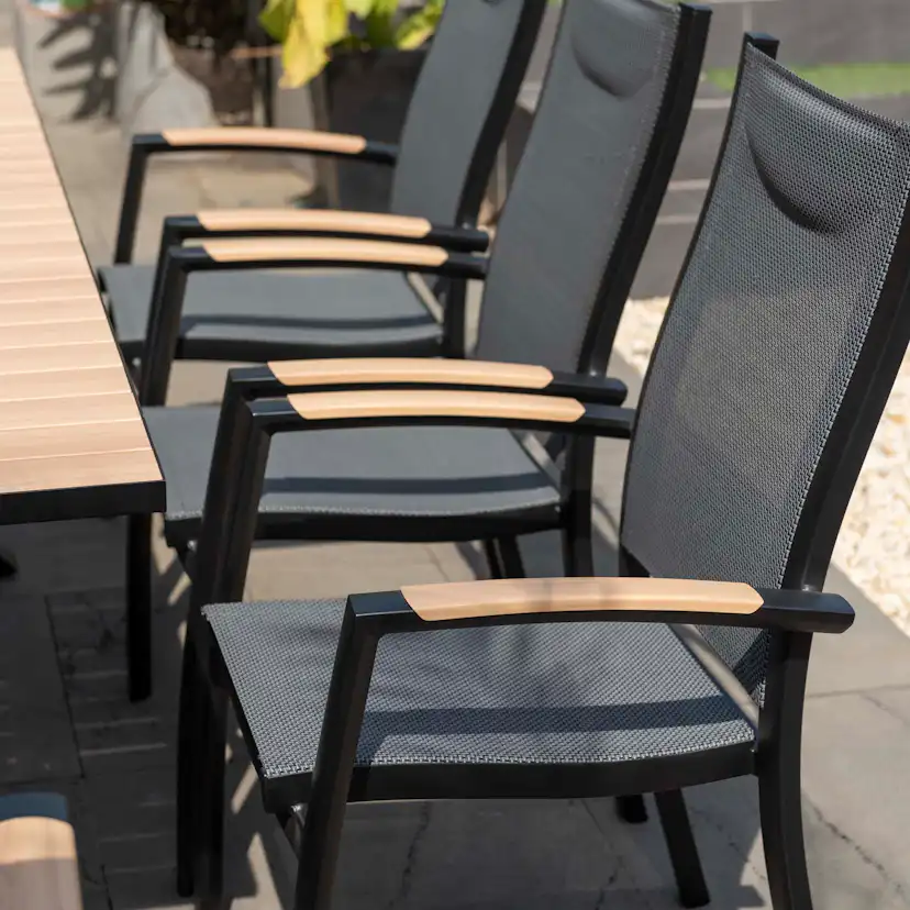 Matgrupp Utomhus LifestyleGarden Panama 200 cm 6 stapelbara karmstolar + 2 positionsstolar