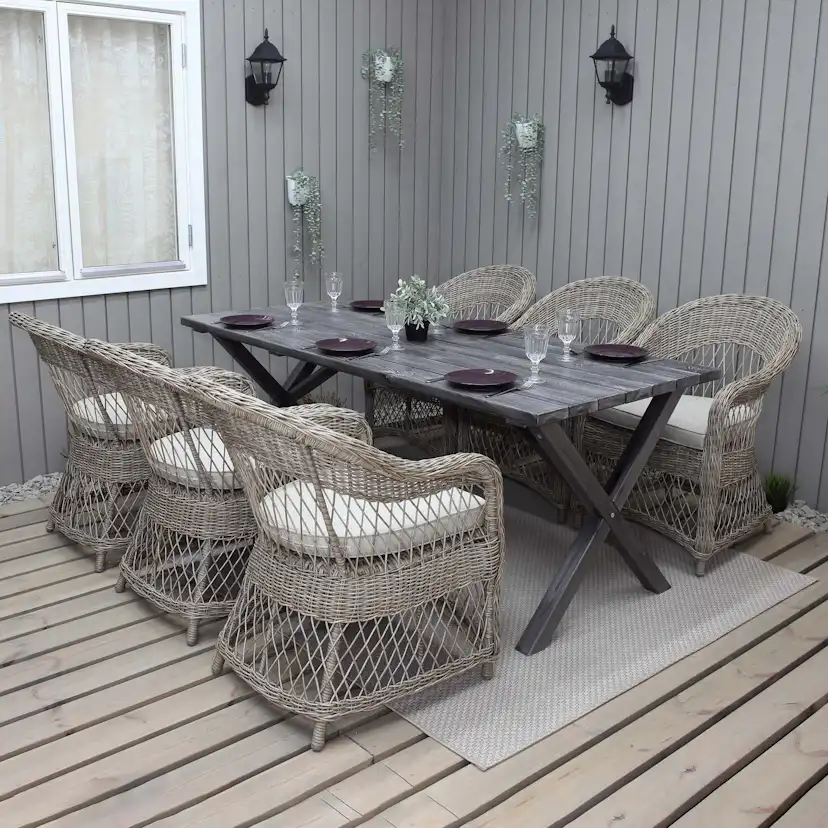 Matgrupp Utomhus Baltic Garden 190 cm bord & 6 Merida naturfärgade stolar