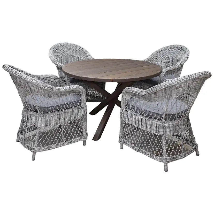 Matgrupp Utomhus Baltic Garden Ø 112 cm bord & 4 Merida grå stolar