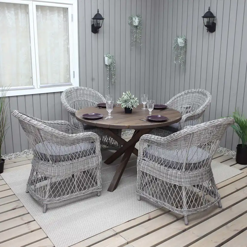 Matgrupp Utomhus Baltic Garden Ø 112 cm bord & 4 Merida grå stolar