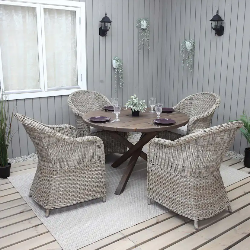 Matgrupp Utomhus Baltic Garden Ø 112 cm bord & 4 Belize naturfärgade stolar