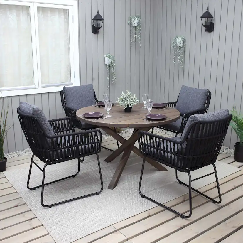 Matgrupp Utomhus Baltic Garden Ø 112 cm bord & 4 Levanto grå stolar