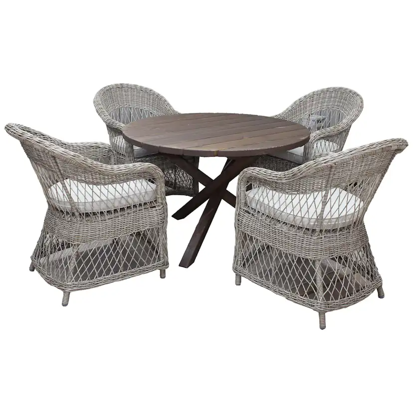 Matgrupp Utomhus Baltic Garden Ø 112 cm bord & 4 Merida naturfärgade stolar