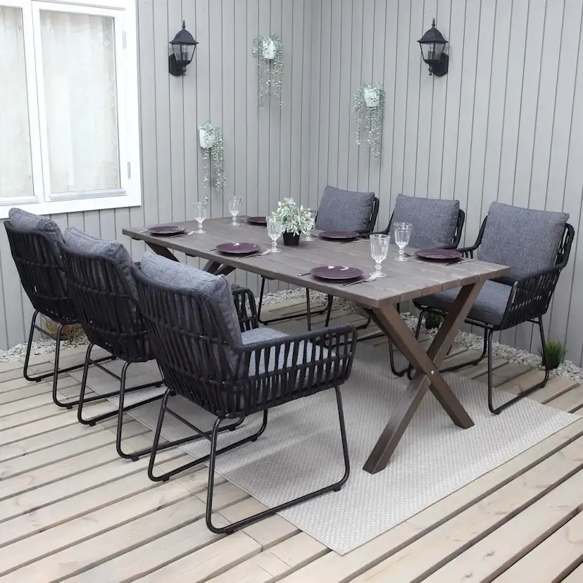 Matgrupp Utomhus Baltic Garden 190 cm bord och 6 Levanto grå stolar